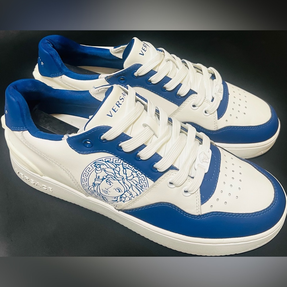 Versace Men's Medusa Logo White & Blue Leather Sneakers Shoes